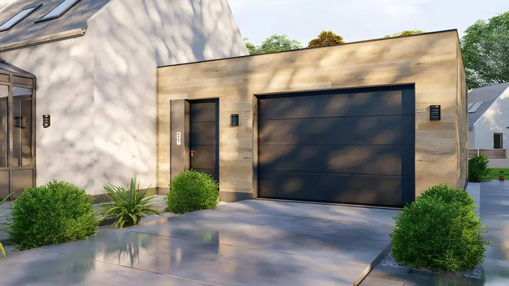 Modern black garage door installed on a residential home in Idaho Falls